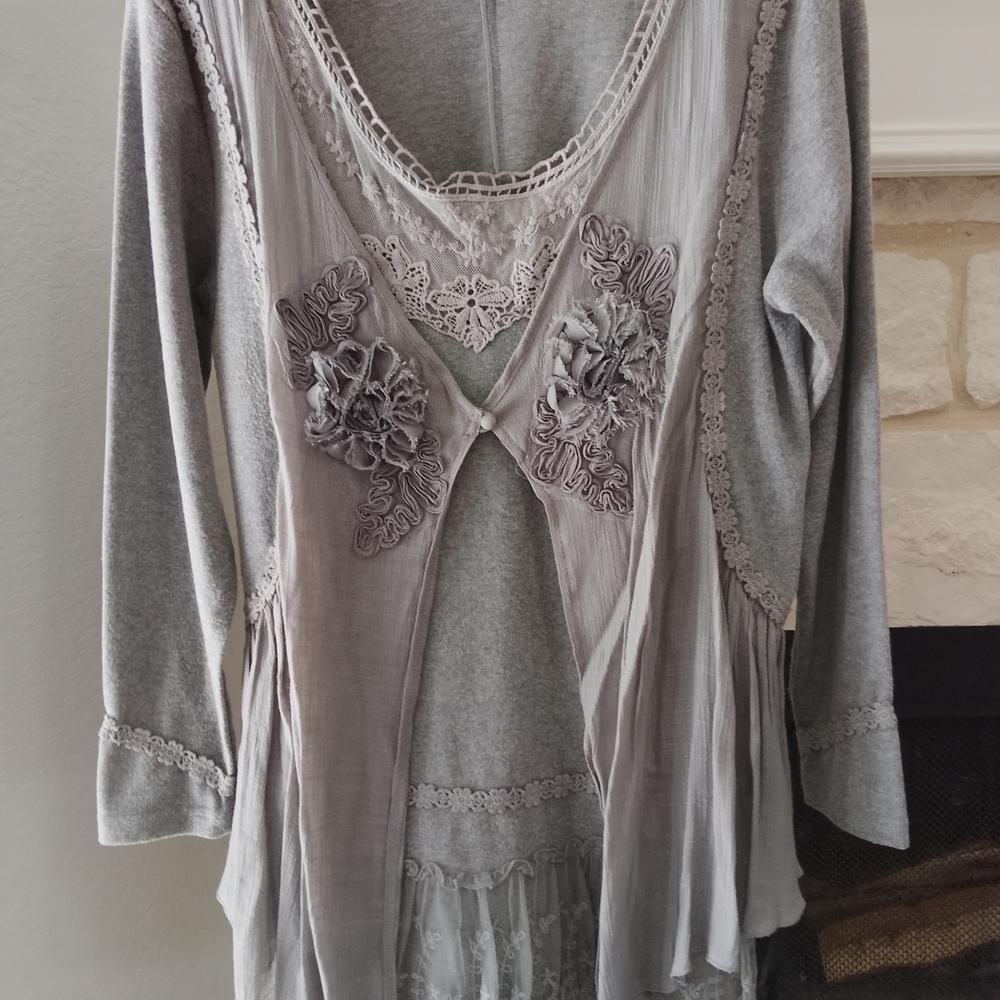 Frairy Layered Tunic Lagenlook Gray Lace-Trimmed Women's Top Med